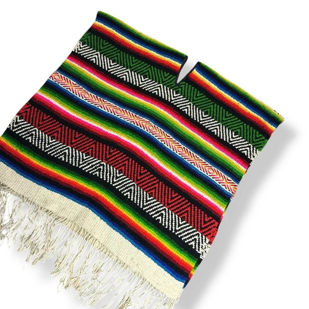 Vintage Mexican Serape Poncho Large Heavy‎ Textile Woven Wool 70x74 w/ Fringe
